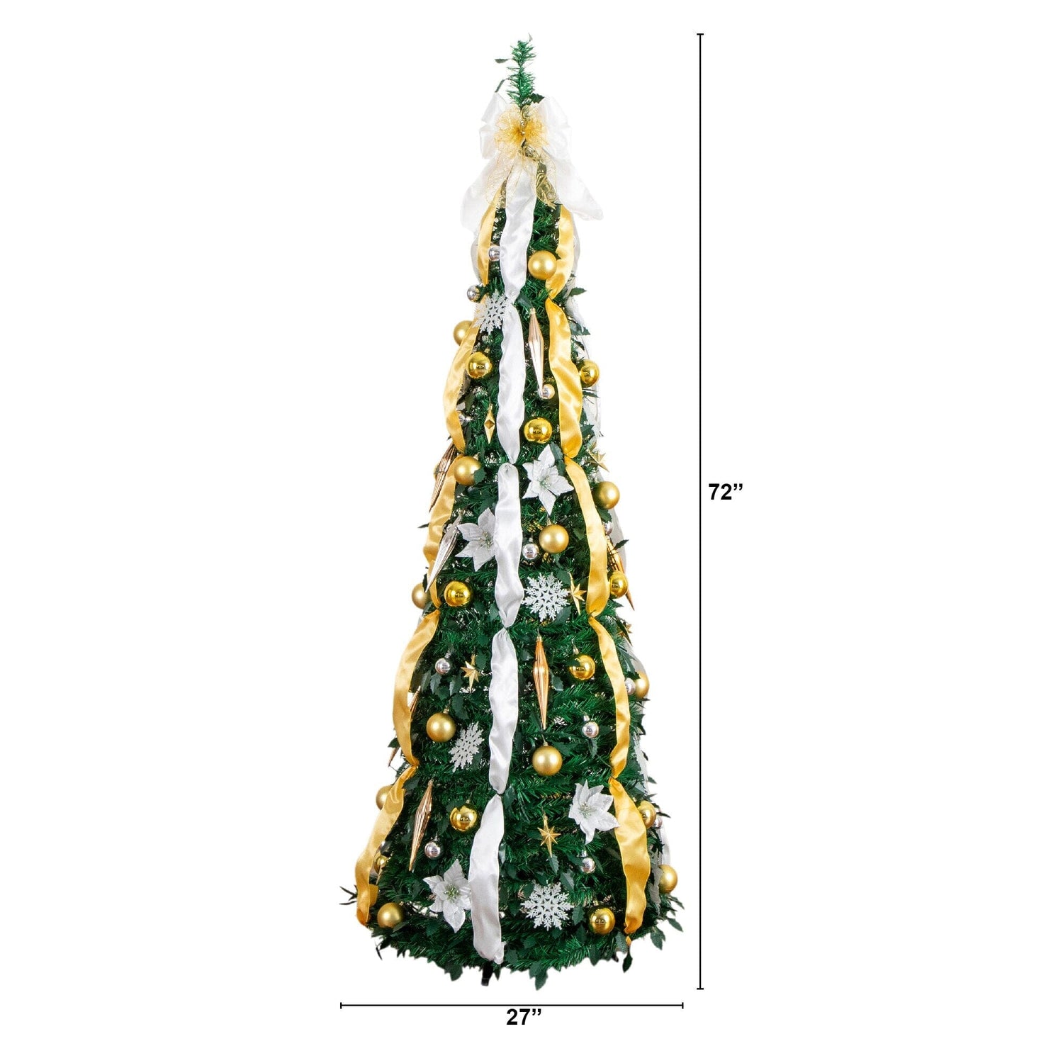 6' Pre-Lit Artificial Pop up Christmas Tree with Gold & Silver Ornaments, Ribbons and 150 Warm White LED Lights