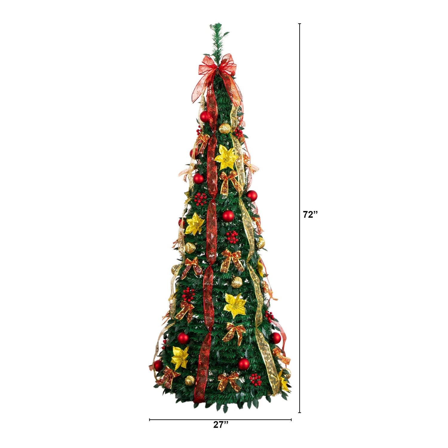 6' Pre-Lit Artificial Pop up Christmas Tree with Red & Gold Ornaments, Ribbons and 150 Warm White LED Lights