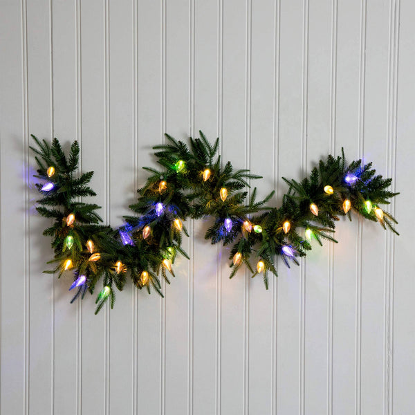 6' Pre-Lit Artificial Luxembourg Pine Christmas Garland with 35 Multicolored Traditional Bulb LED Lights