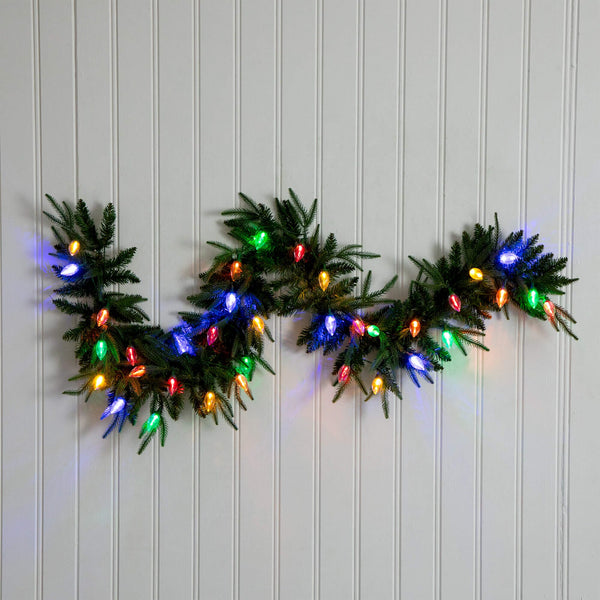6' Pre-Lit Artificial Luxembourg Pine Christmas Garland with 35 Multicolored Traditional Bulb LED Lights