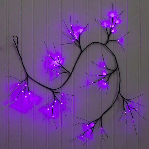 6.5' Pre-Lit Artificial Halloween Black Twig Garland with 48 Purple LED Lights