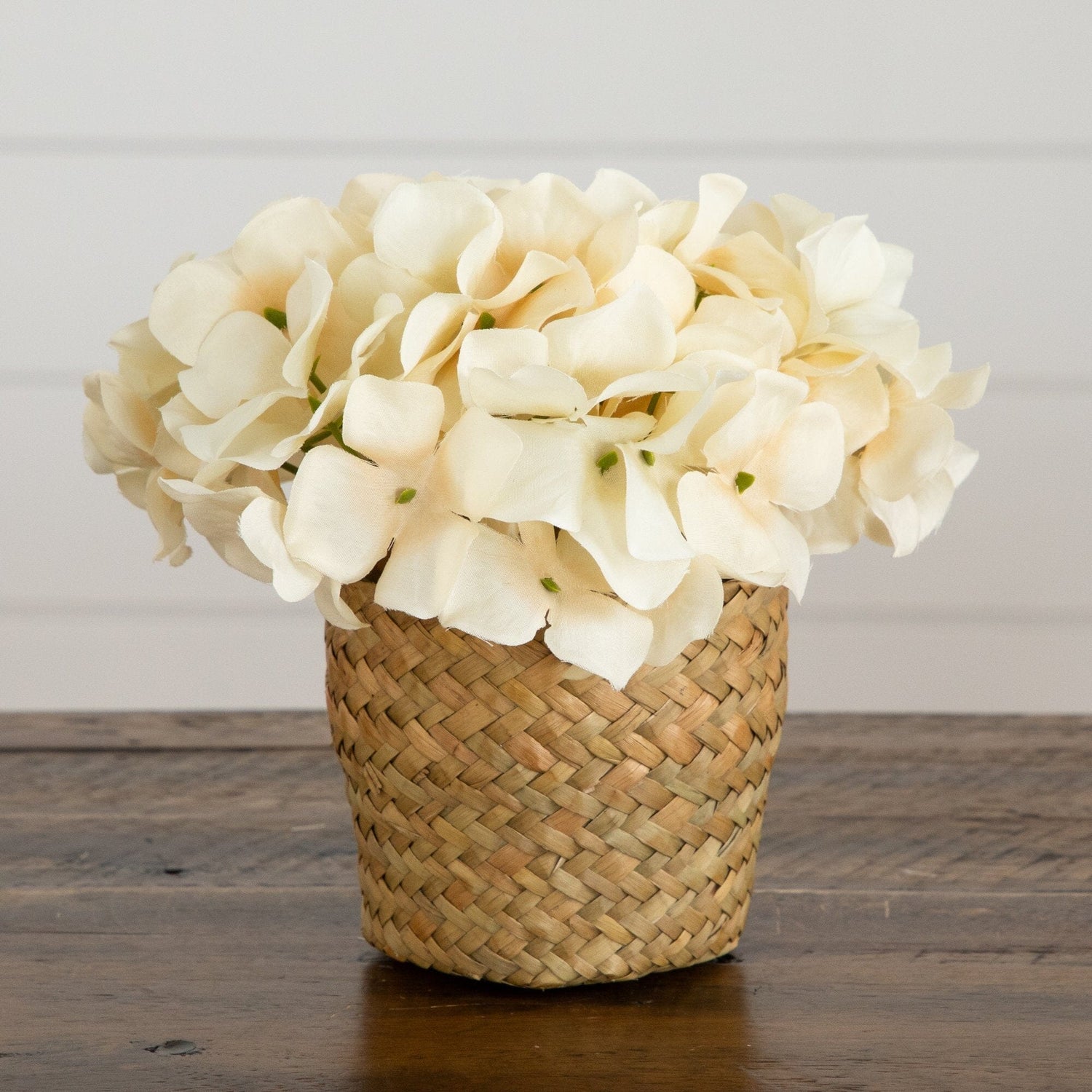 7” Artificial Cream Hydrangea Arrangement in Woven Basket