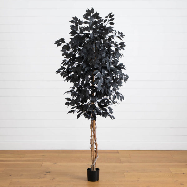 7' Artificial Halloween Black Ficus Tree with Natural Trunk