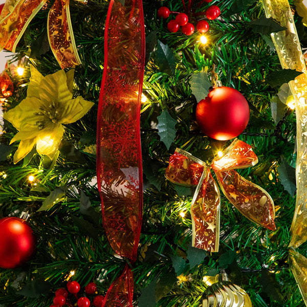 7' Pre-Lit Artificial Pop up Christmas Tree with Red & Gold Ornaments, Ribbons and 180 Warm White LED Lights