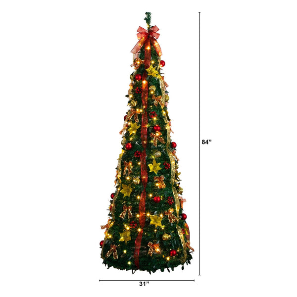 7' Pre-Lit Artificial Pop up Christmas Tree with Red & Gold Ornaments, Ribbons and 180 Warm White LED Lights