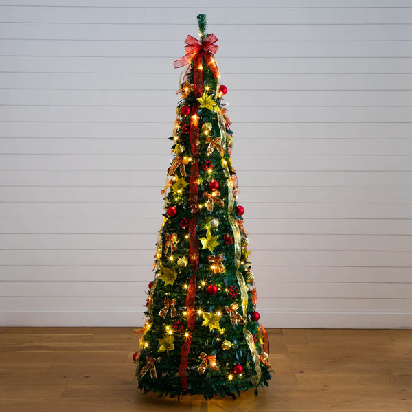 7' Pre-Lit Artificial Pop up Christmas Tree with Red & Gold Ornaments, Ribbons and 180 Warm White LED Lights