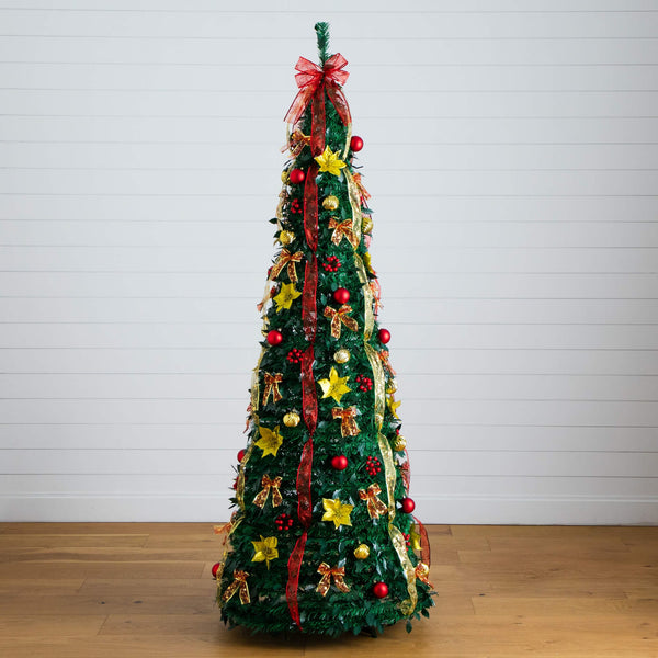 7' Pre-Lit Artificial Pop up Christmas Tree with Red & Gold Ornaments, Ribbons and 180 Warm White LED Lights