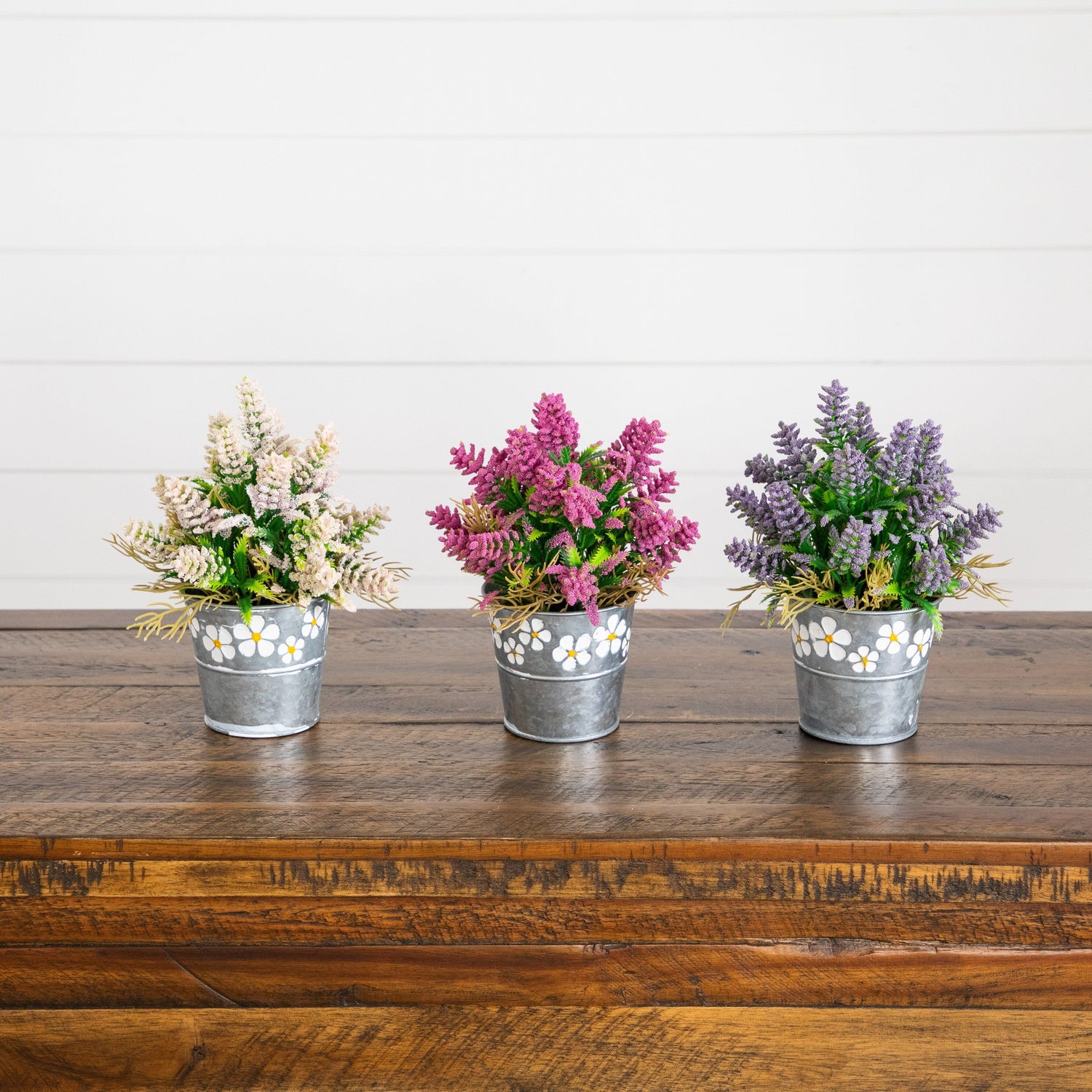 8” Artificial Lush Mixed Lavender Plant in Decorative Daisy Tin Planter -Set of 3