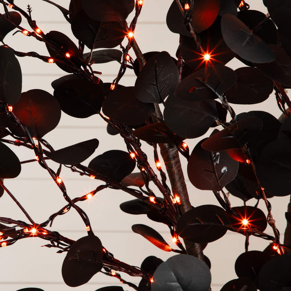 8' Pre-Lit Artificial Halloween Black Eucalyptus Tree with 540 Orange & Purple LED Lights