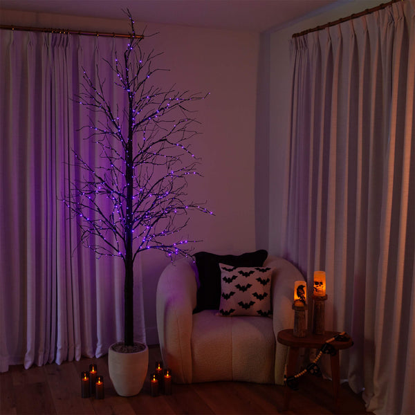 8' Pre-Lit Halloween Black Twig Artificial Tree with 510 Orange & Purple LED Lights