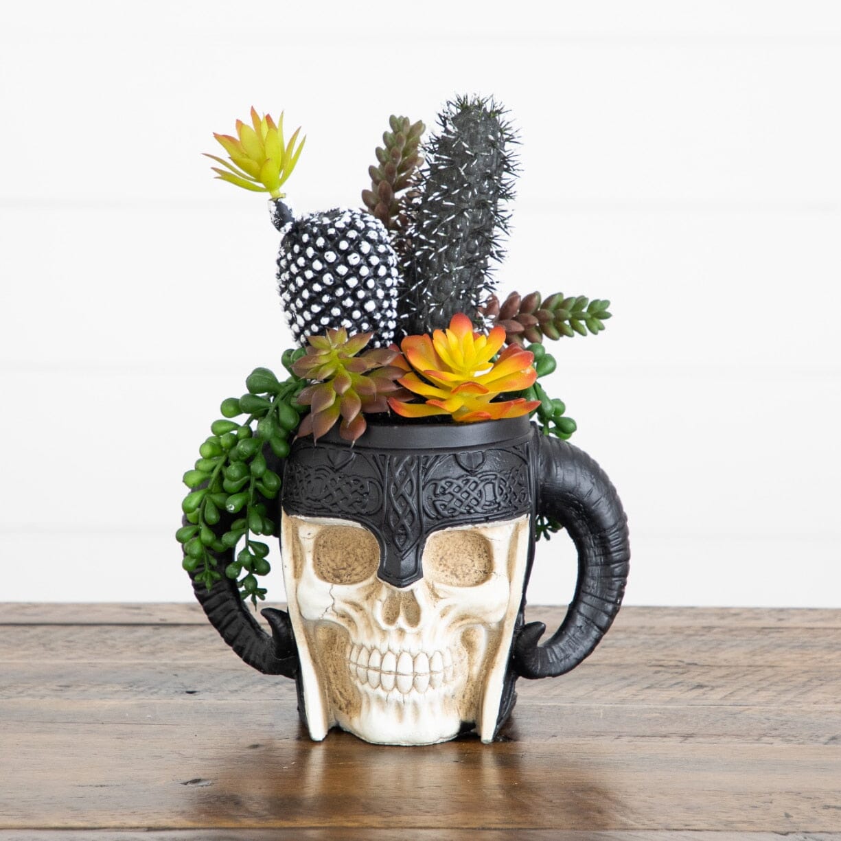 9” Artificial Halloween Mixed Succulent Garden in Warrior Skull Planter