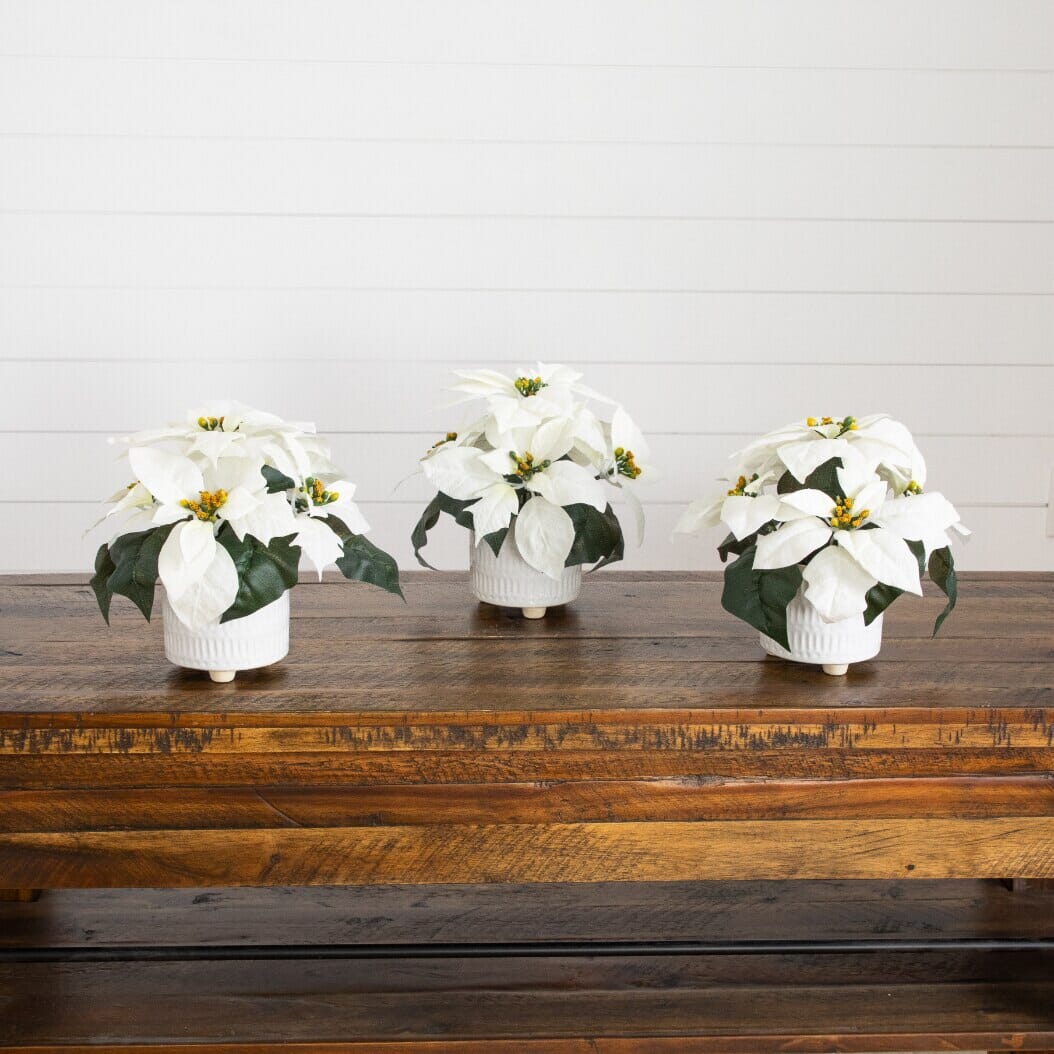 9” Artificial White Poinsettia Arrangements in White Ceramic Pots - Set of 3