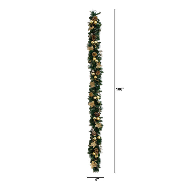 9' Pre-Lit Artificial Golden Frosted Christmas Garland with 50 Warm White LED Lights Pinecones, Berries and Ornaments