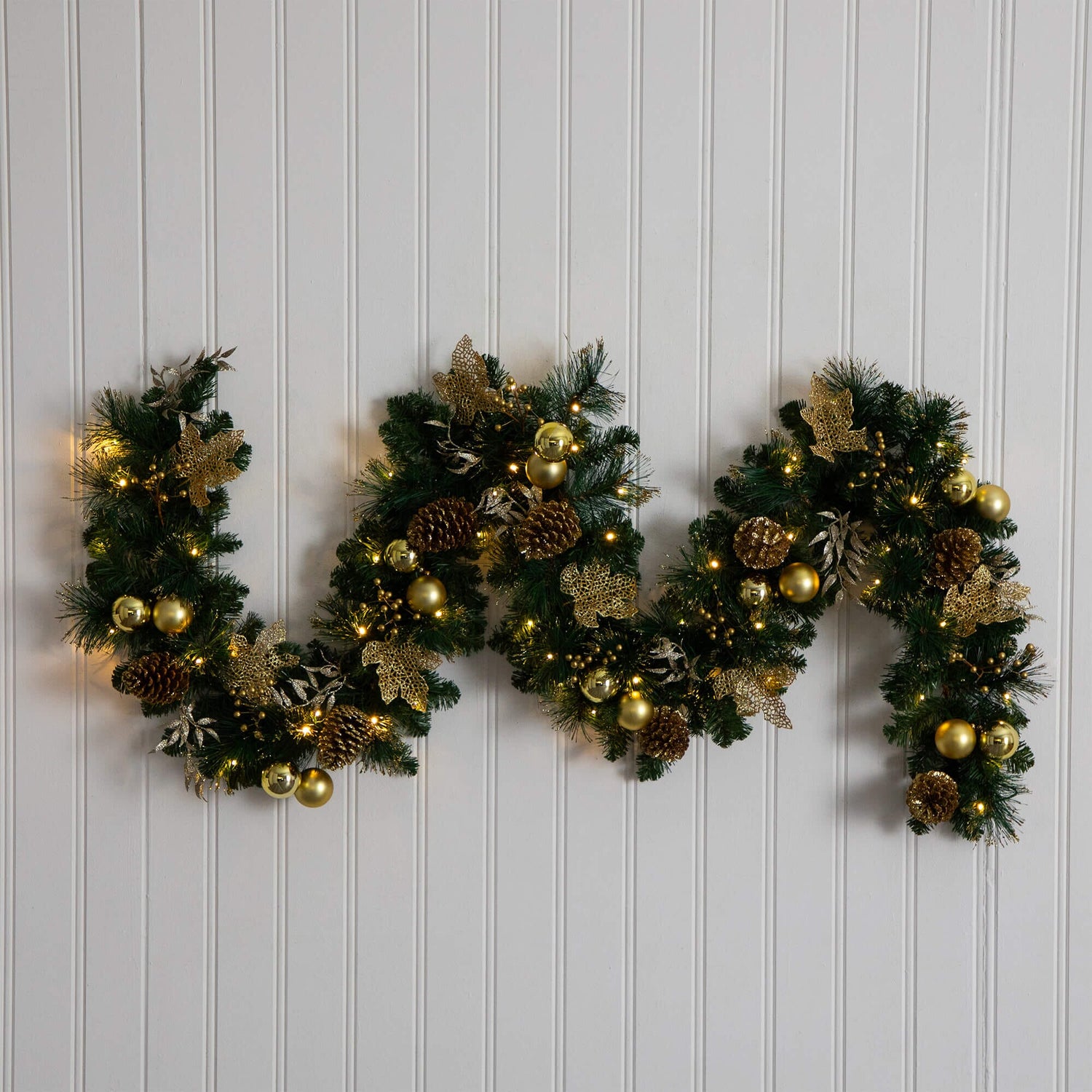 9' Pre-Lit Artificial Golden Frosted Christmas Garland with 50 Warm White LED Lights Pinecones, Berries and Ornaments