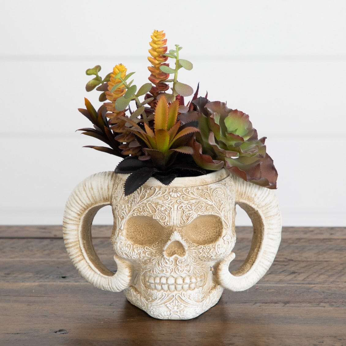 9.5” Artificial Halloween Succulent Garden in Horned Skull Planter