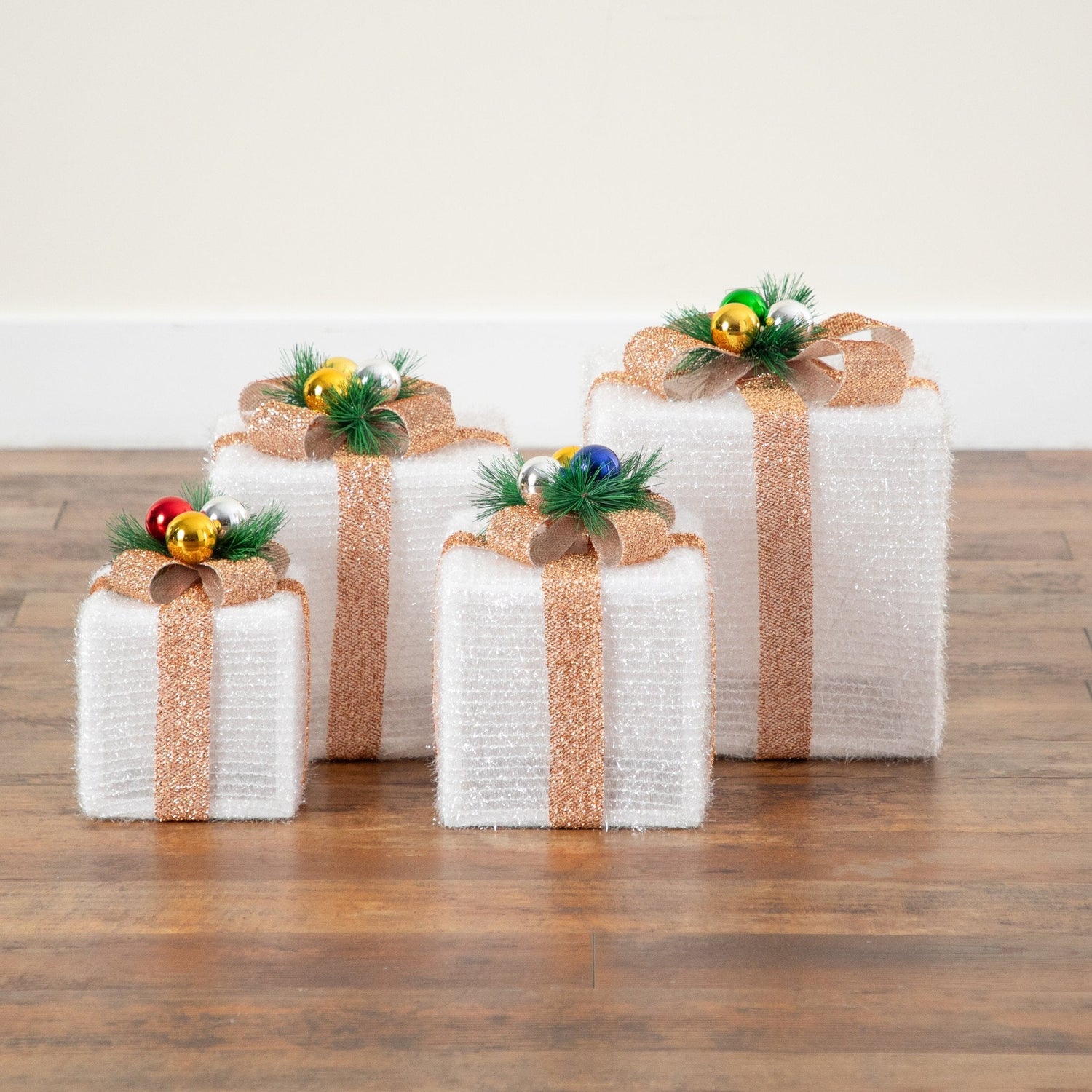 Pre-Lit Christmas Gift Boxes with LED Lights and Festive Gift Toppers - Set of 4