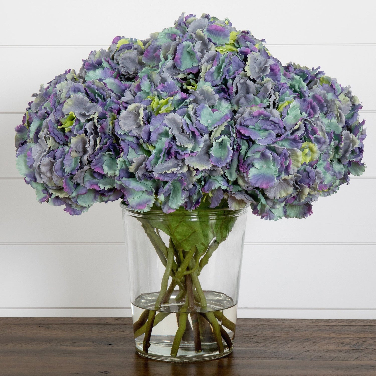 Signature Collection 18” Blooming Hydrangea Artificial Arrangement in Glass Vase