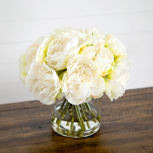 Wedding Collection 11" Artificial Peony Arrangement in Glass Vase