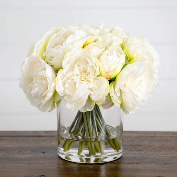 Wedding Collection 11" Artificial Peony Arrangement in Glass Vase
