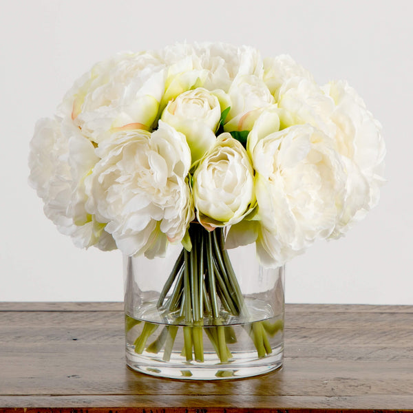 Wedding Collection 11" Artificial Peony Arrangement in Glass Vase