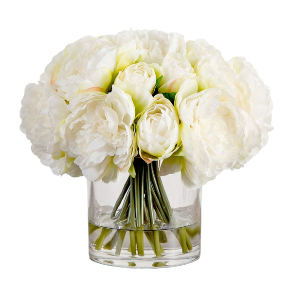 Wedding Collection 11" Artificial Peony Arrangement in Glass Vase