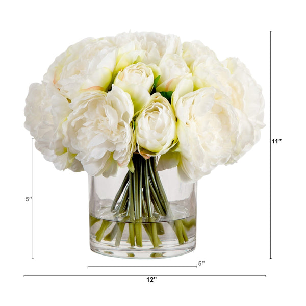 Wedding Collection 11" Artificial Peony Arrangement in Glass Vase