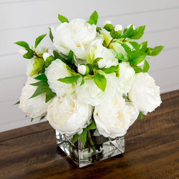 Wedding Collection 13" Peony and Camellia Artificial Arrangement in Glass Vase