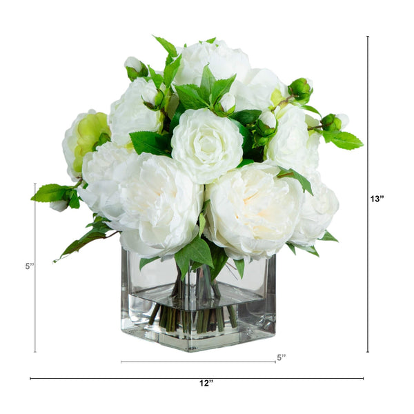 Wedding Collection 13" Peony and Camellia Artificial Arrangement in Glass Vase