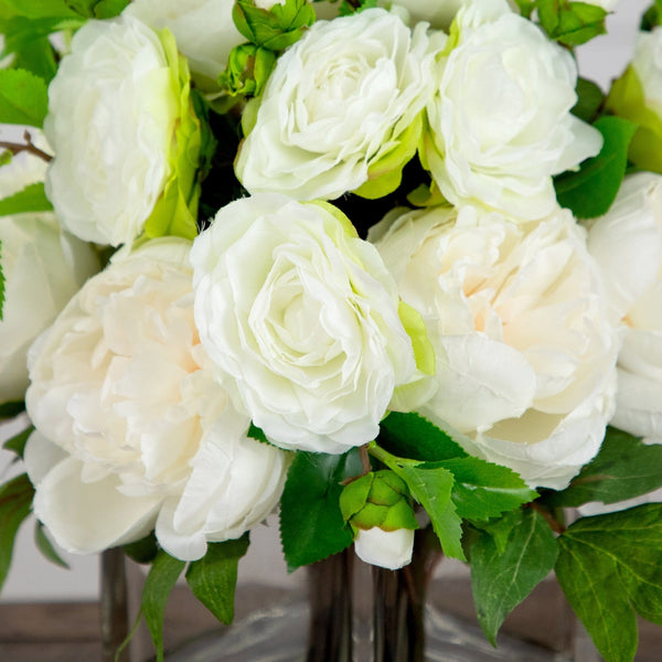 Wedding Collection 13" Peony and Camellia Artificial Arrangement in Glass Vase
