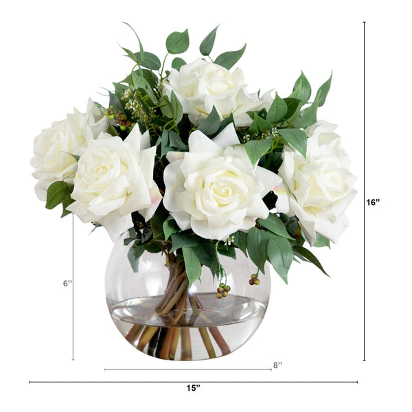 Wedding Collection 16" Artificial Roses and Mixed Greens Arrangement in Glass Vase