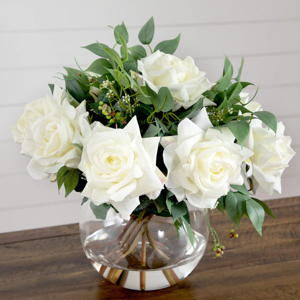 Wedding Collection 16" Artificial Roses and Mixed Greens Arrangement in Glass Vase