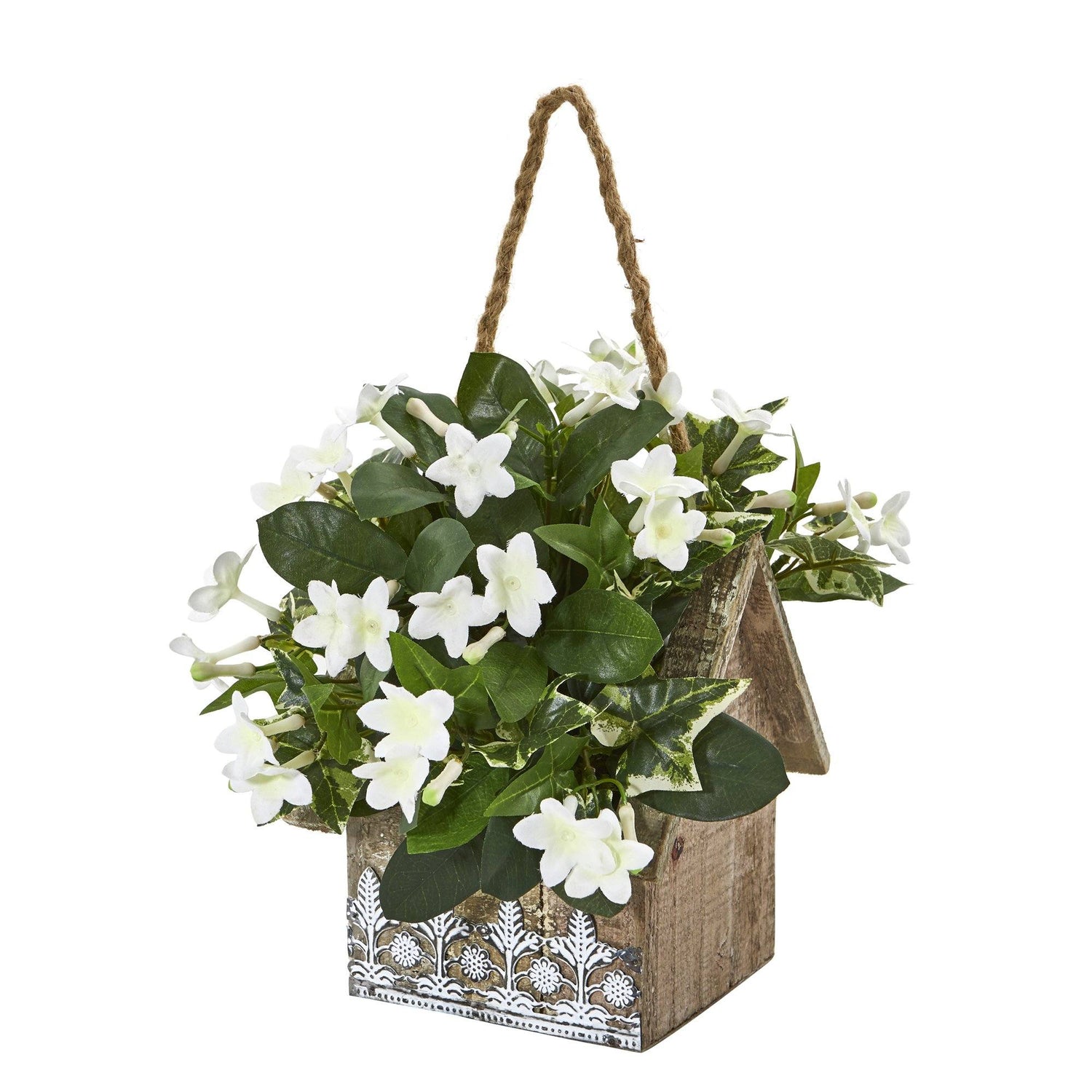 10” Mix Stephanotis and Ivy Artificial Plant in Hanging Floral Design House Planter