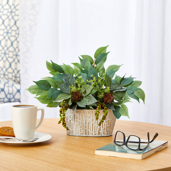 10” Mixed Ficus and Fittonia Artificial Plant in White Tin Planter