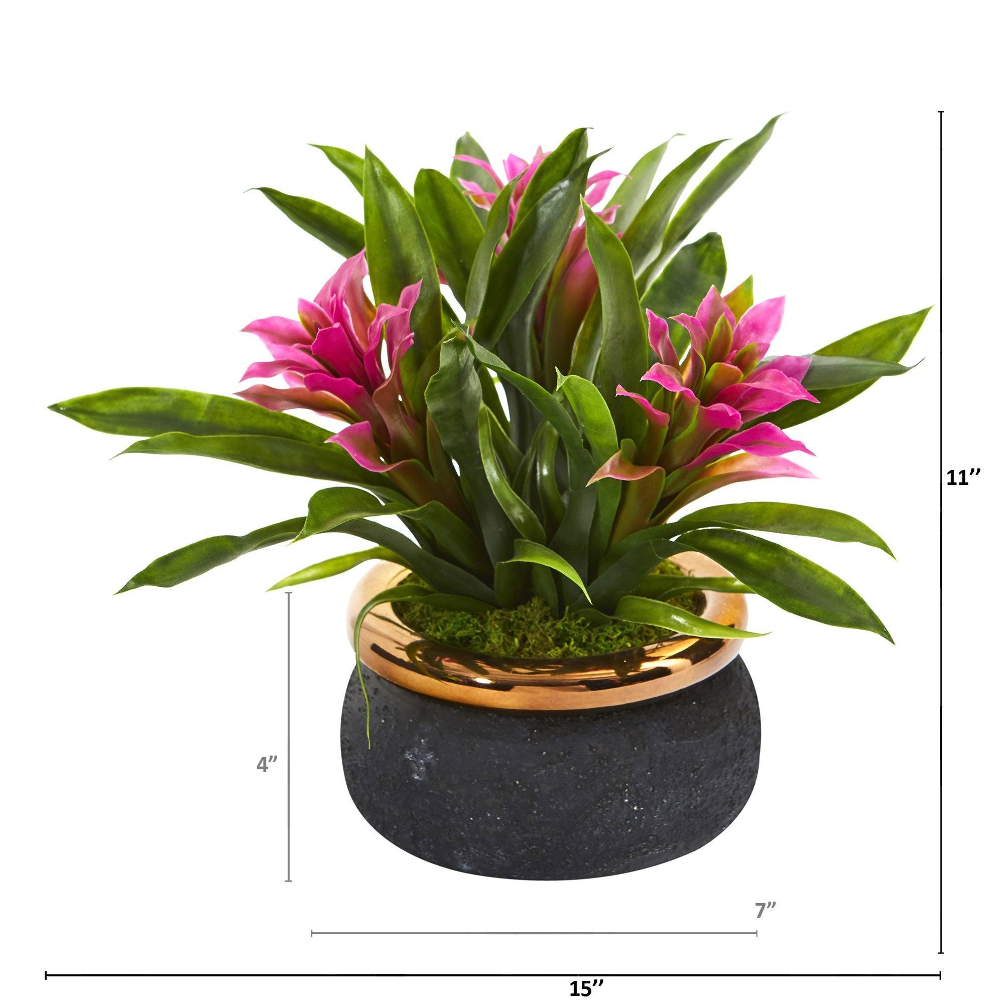 11” Bromeliad Artificial Plant in Stoneware Planter | Nearly Natural