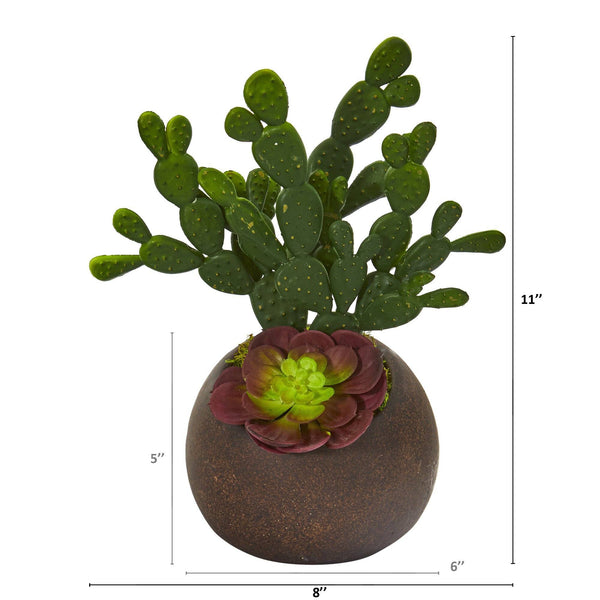 11” Cactus and Echeveria Succulent Artificial Plant in Stone Planter