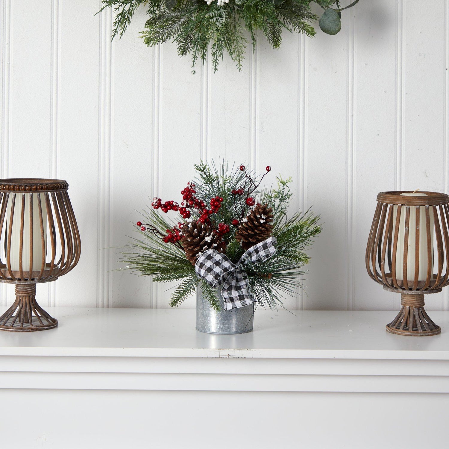12” Frosted Pinecones and Berries Artificial Arrangement in Vase with Decorative Plaid Bow