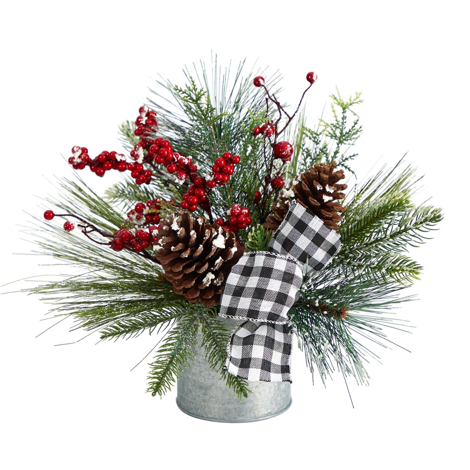 12” Frosted Pinecones and Berries Artificial Arrangement in Vase with Decorative Plaid Bow