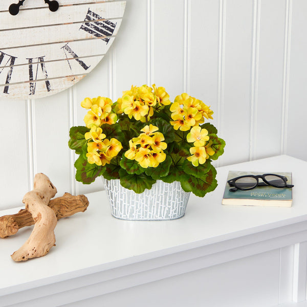 12” Geranium Artificial Plant in White Tin Planter UV Resistant (Indoor/Outdoor)