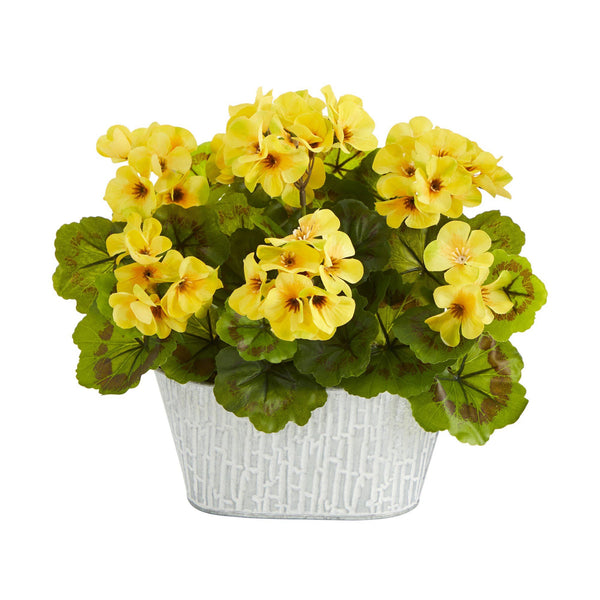 12” Geranium Artificial Plant in White Tin Planter UV Resistant (Indoor/Outdoor)