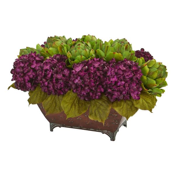 12" Hydrangea & Artichokes Artificial Arrangement in Metal Planter"