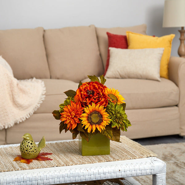 12” Peony, Dahlia and Sunflower Artificial Arrangement in Green Vase