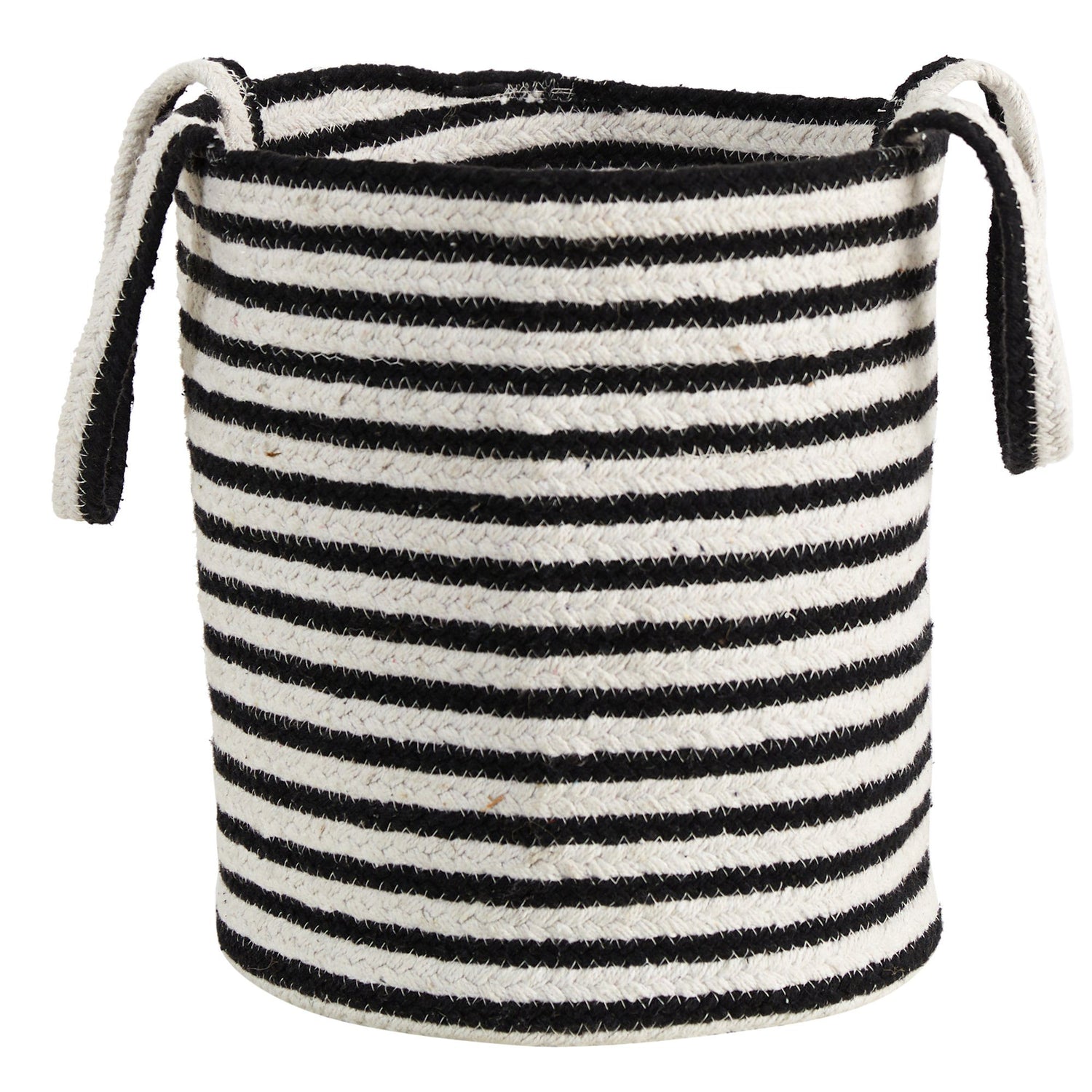 13” Boho Chic Basket Natural Cotton, Handwoven Black and White Stripe with Handles