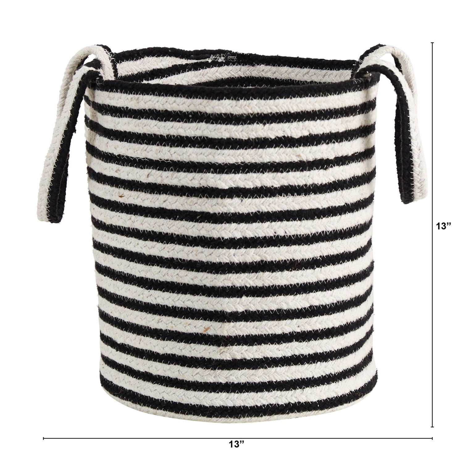 13” Boho Chic Basket Natural Cotton, Handwoven Black and White Stripe with Handles