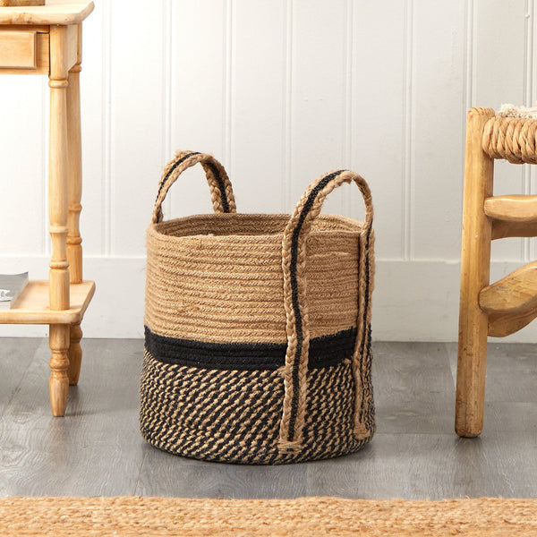 13" Boho Chic Basket Natural Jute Basket Planter, Black Bottom Natural Top with Handles"