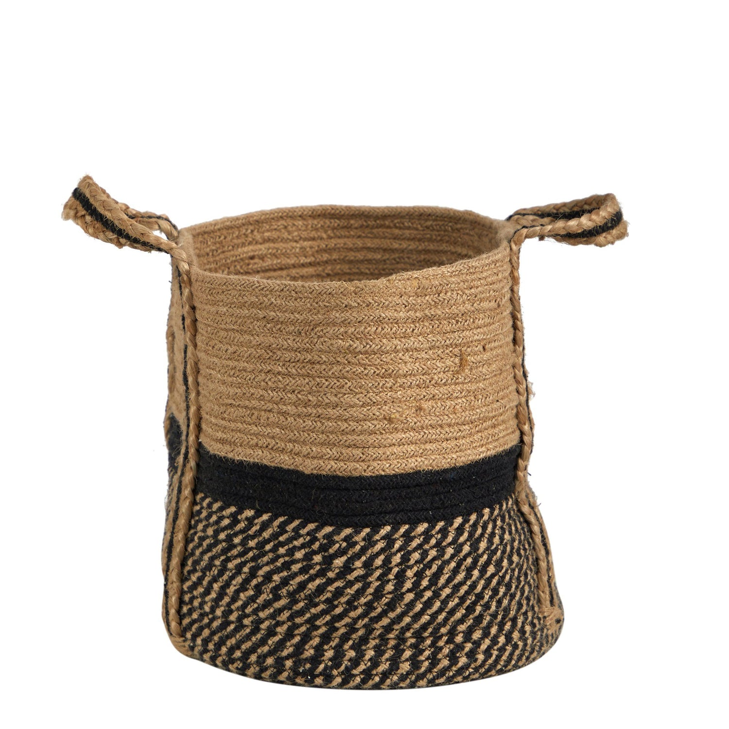 13" Boho Chic Basket Natural Jute Basket Planter, Black Bottom Natural Top with Handles"