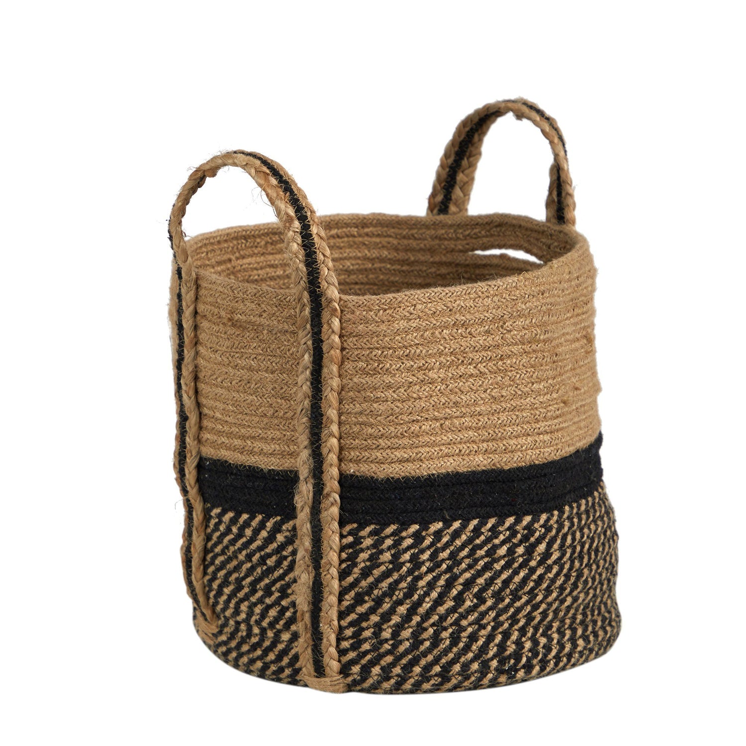13" Boho Chic Basket Natural Jute Basket Planter, Black Bottom Natural Top with Handles"