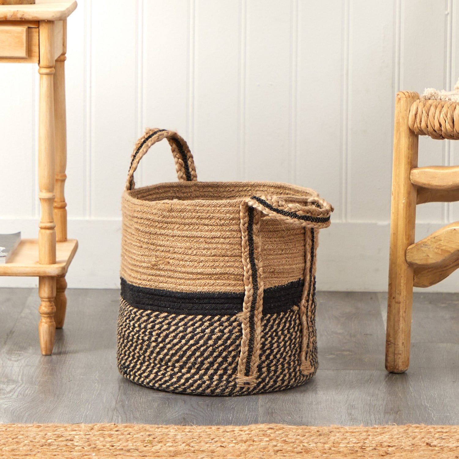 13" Boho Chic Basket Natural Jute Basket Planter, Black Bottom Natural Top with Handles"