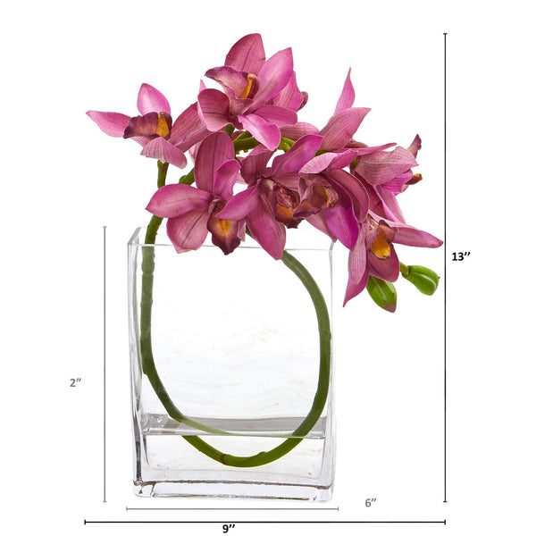 13” Cymbidium Orchid Artificial in Glass Vase
