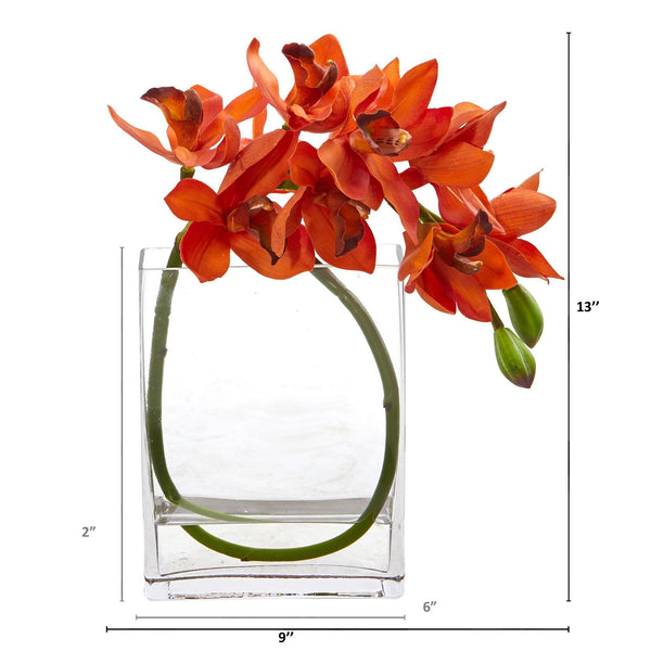 13” Cymbidium Orchid Artificial in Glass Vase