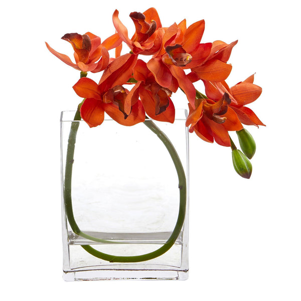 13” Cymbidium Orchid Artificial in Glass Vase